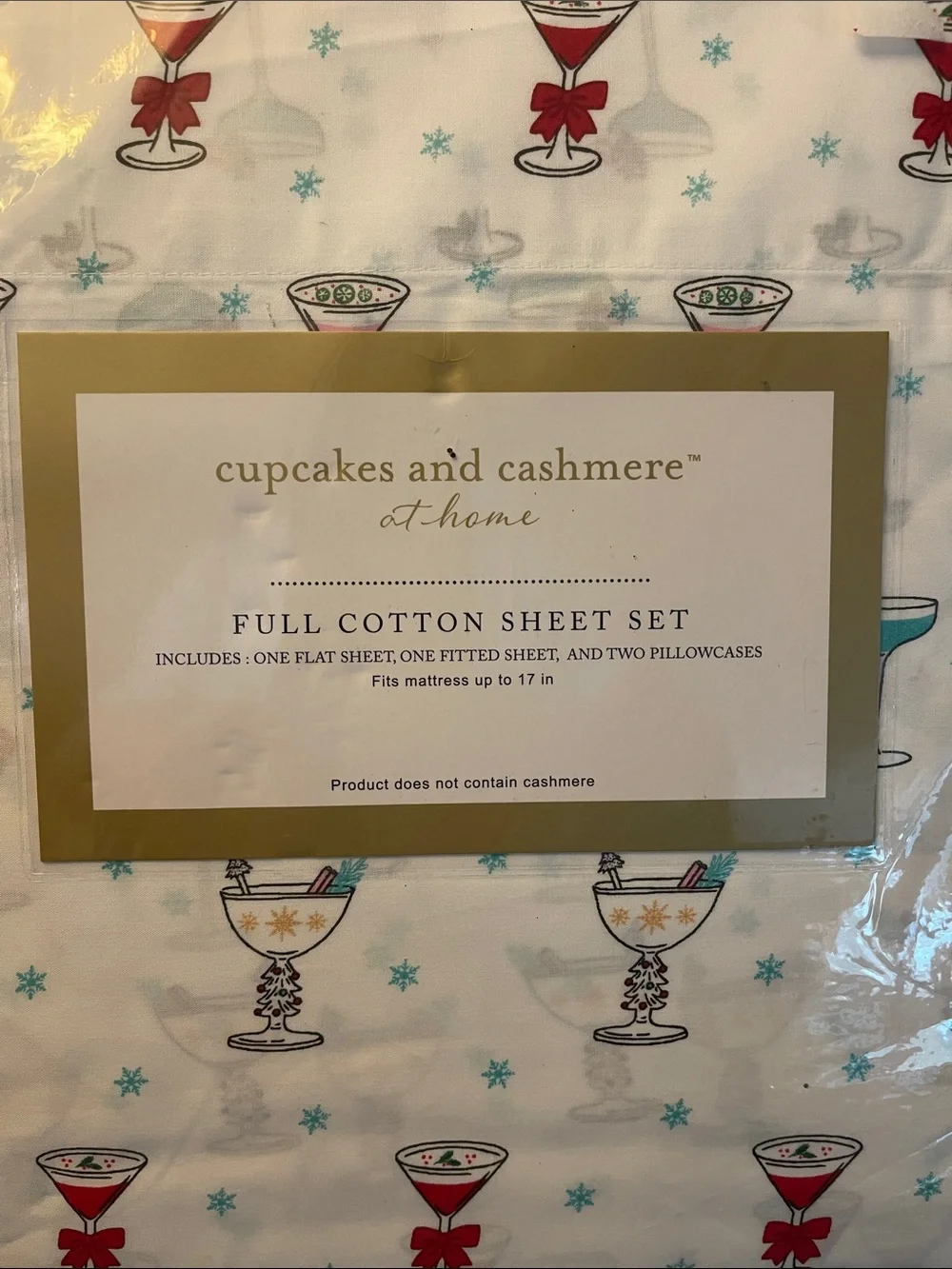 cupcakes & cashmere White Cotton Sheet Set with Festive Drinks Motif